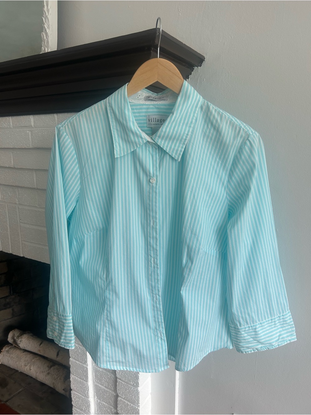 Liz Claiborne Aqua and White Striped Button-Down Shirt